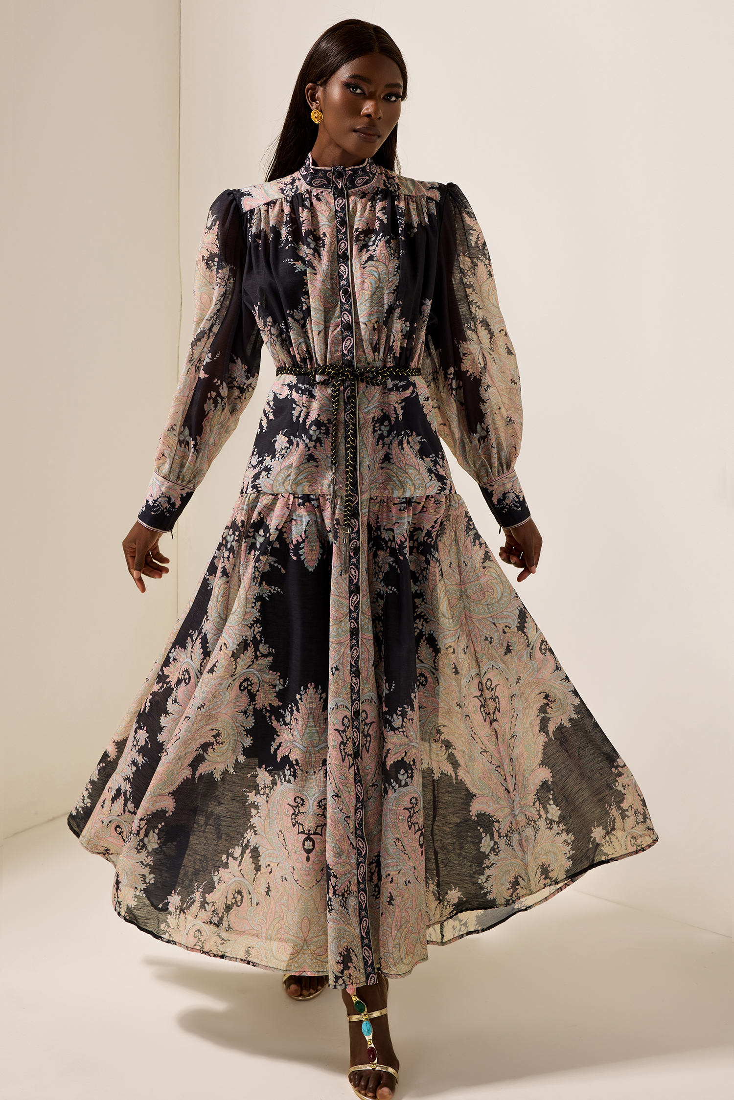 Paisley Print Lantern Sleeve Maxi Dress With Belt