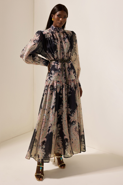 Paisley Print Lantern Sleeve Maxi Dress With Belt