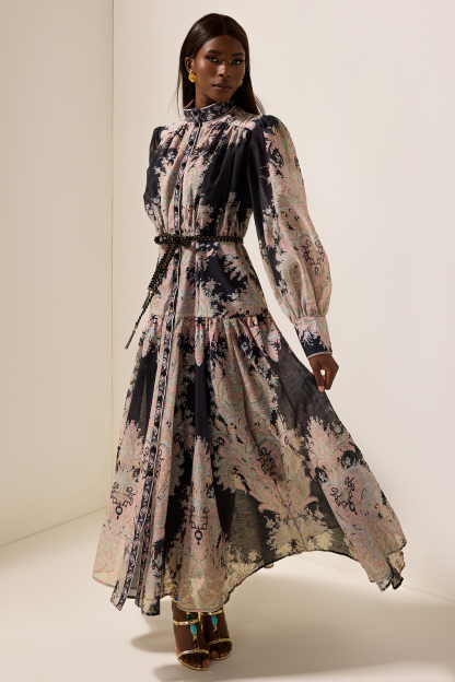 Paisley Print Lantern Sleeve Maxi Dress With Belt