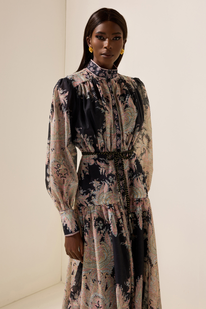 Paisley Print Lantern Sleeve Maxi Dress With Belt