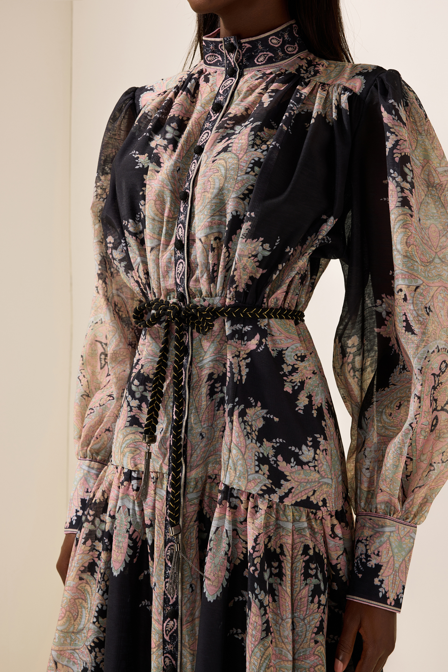 Paisley Print Lantern Sleeve Maxi Dress With Belt