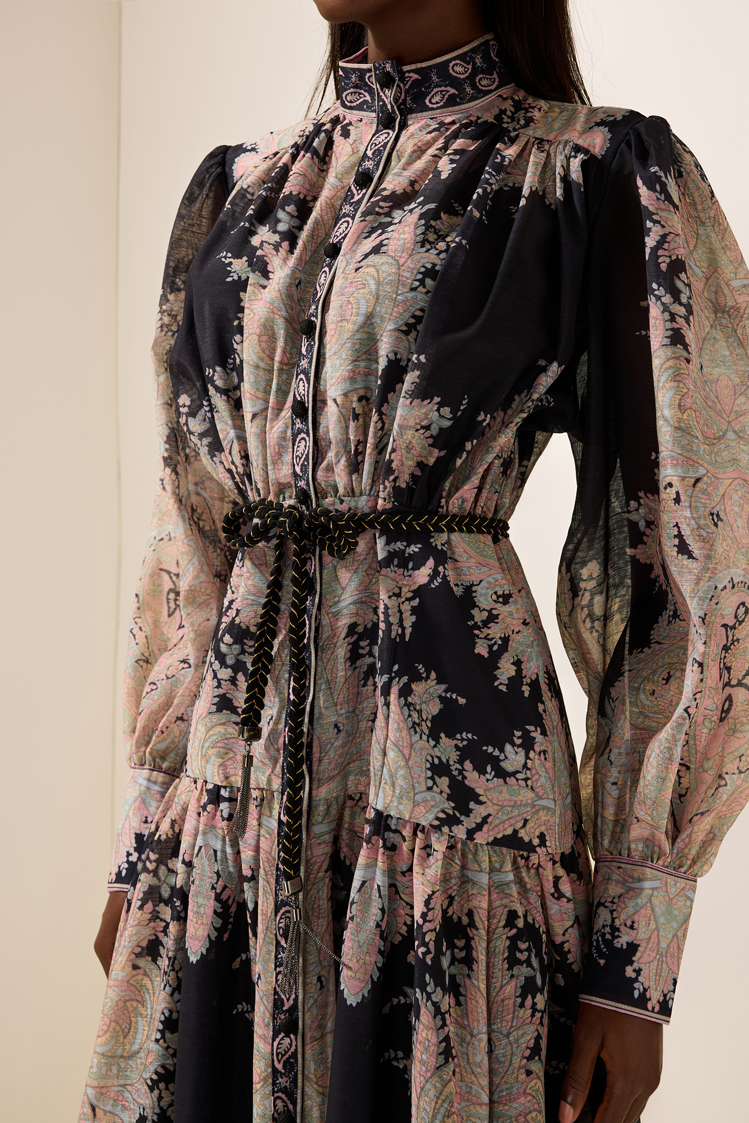 Paisley Print Lantern Sleeve Maxi Dress With Belt