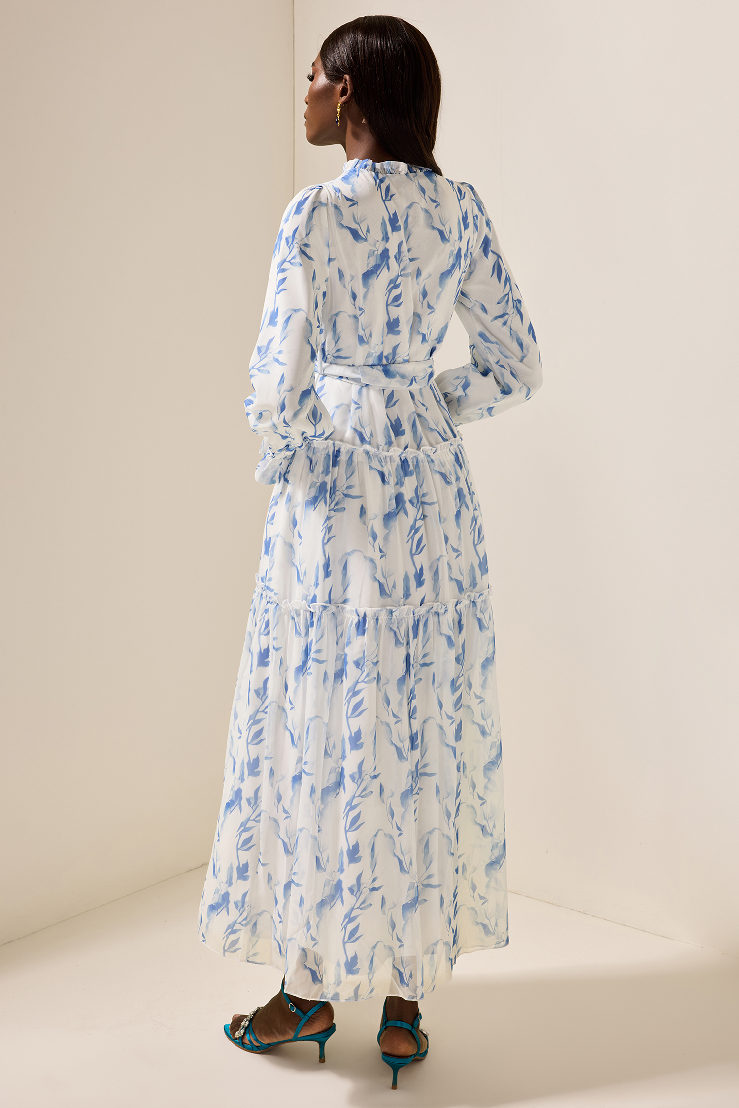 Floral Frill Lantern Sleeve Maxi Dress With Belt