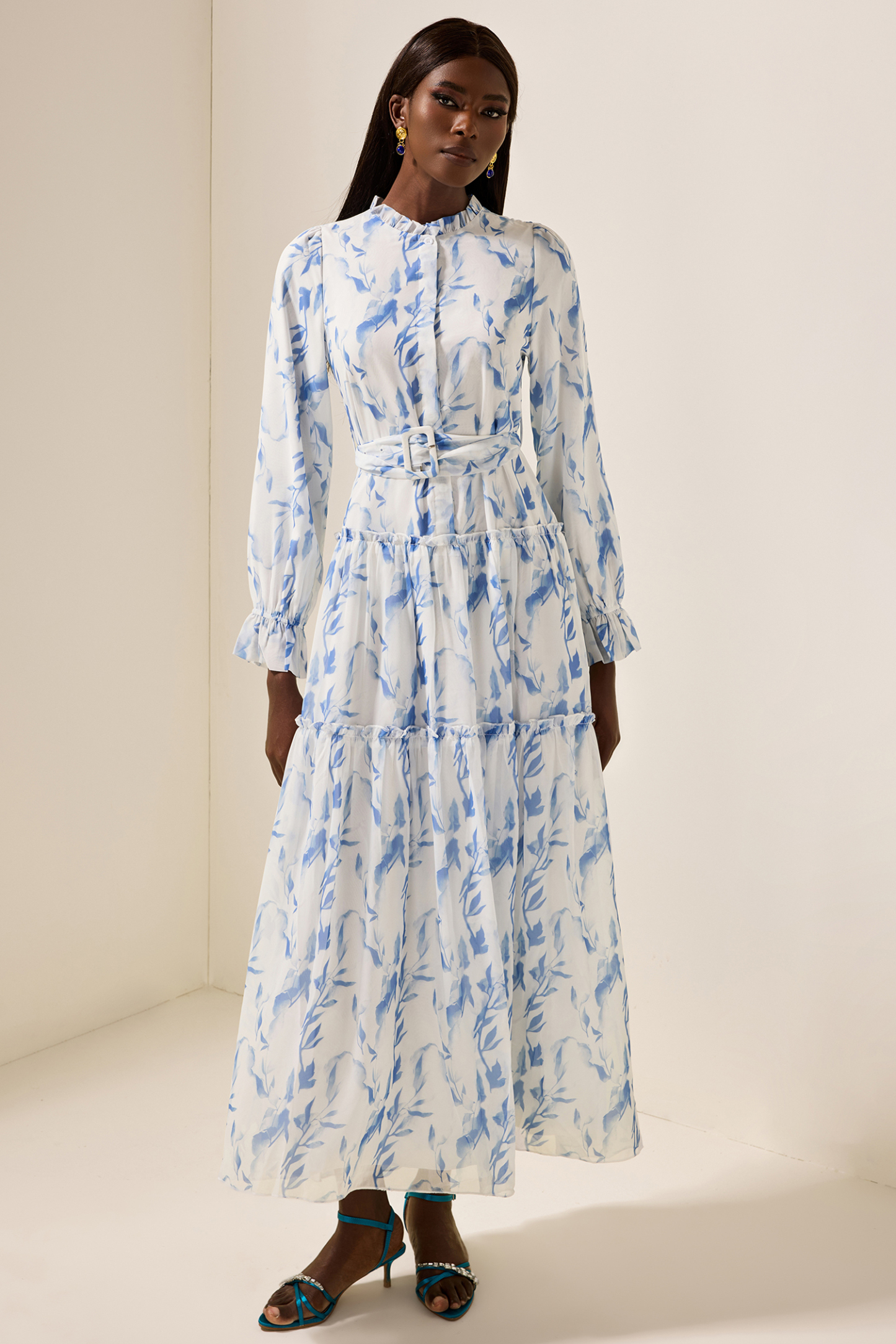 Floral Frill Lantern Sleeve Maxi Dress With Belt