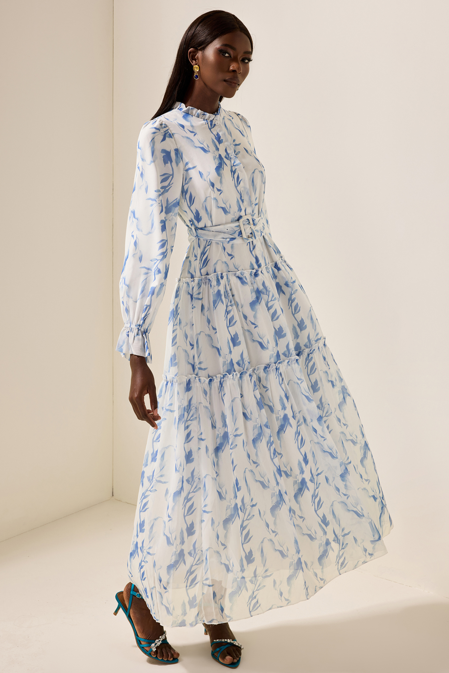 Floral Frill Lantern Sleeve Maxi Dress With Belt