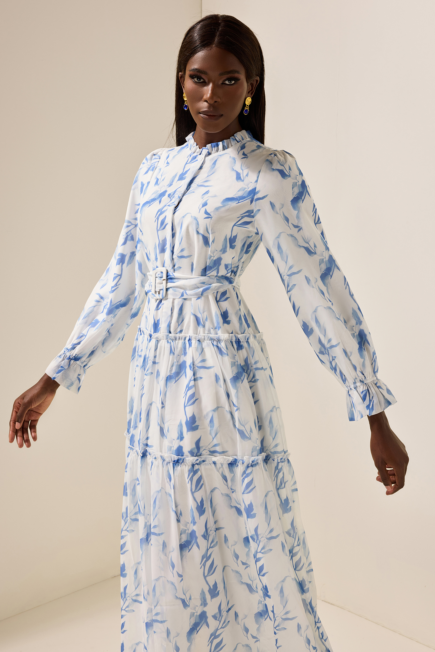 Floral Frill Lantern Sleeve Maxi Dress With Belt