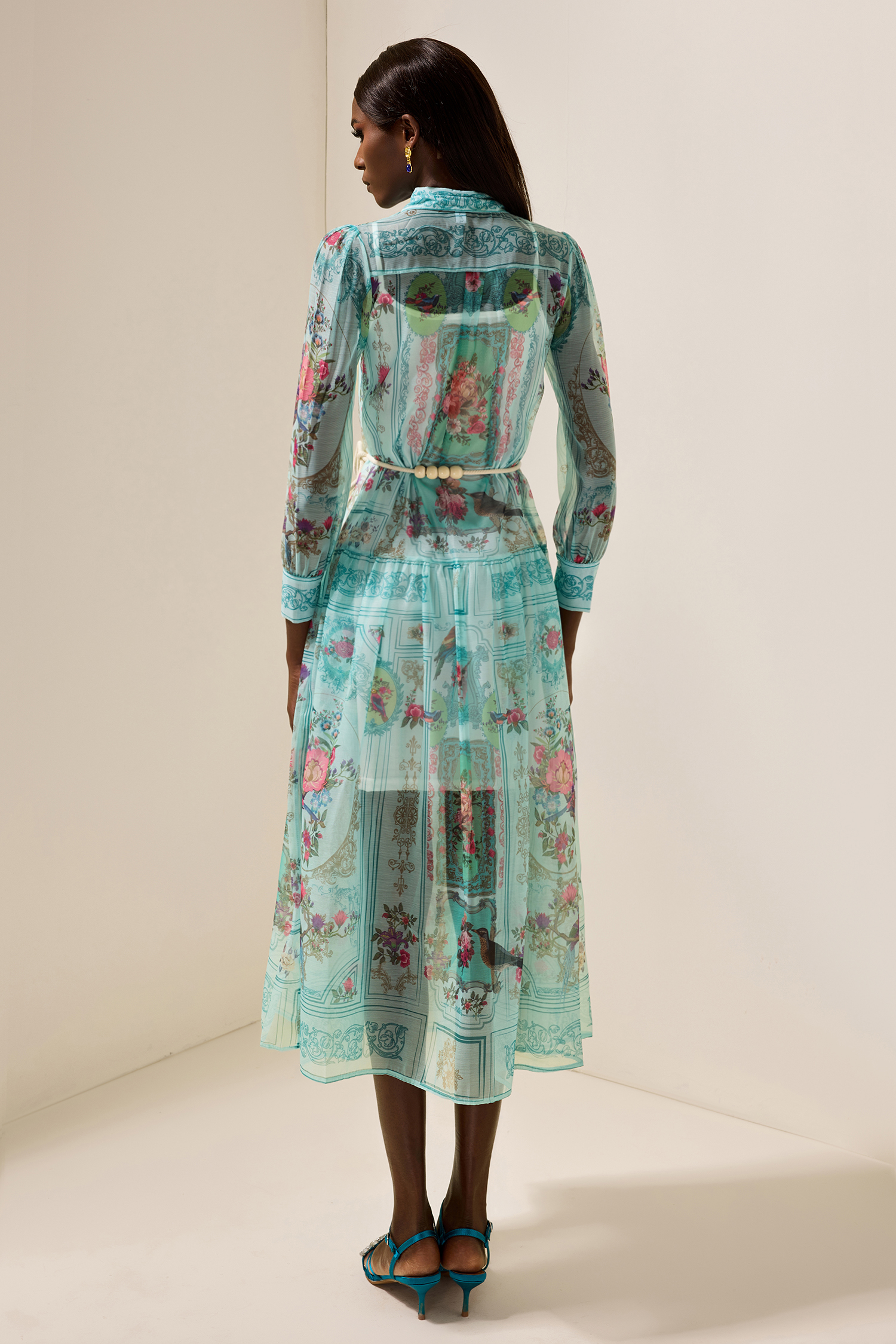 Shirt Collar Floral Lantern Sleeve Midi Dress