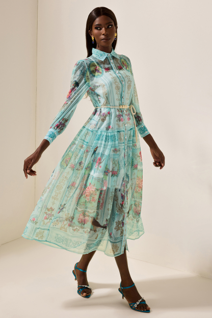Shirt Collar Floral Lantern Sleeve Midi Dress