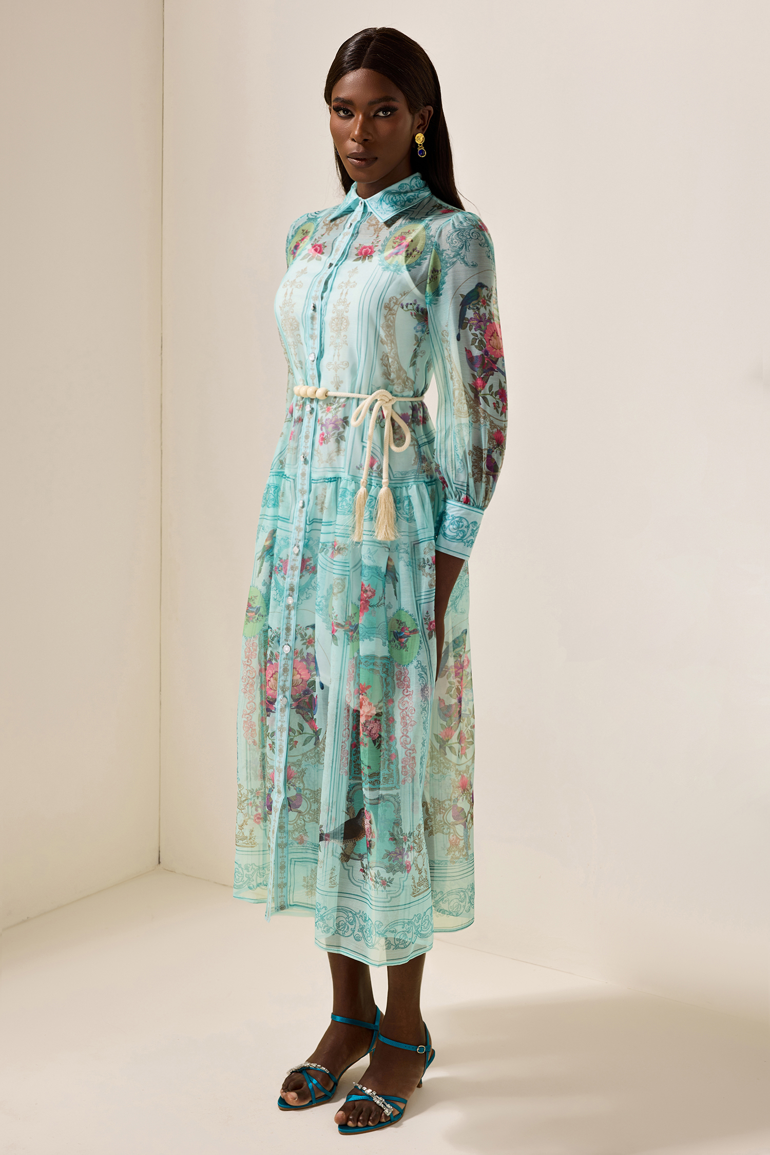 Shirt Collar Floral Lantern Sleeve Midi Dress