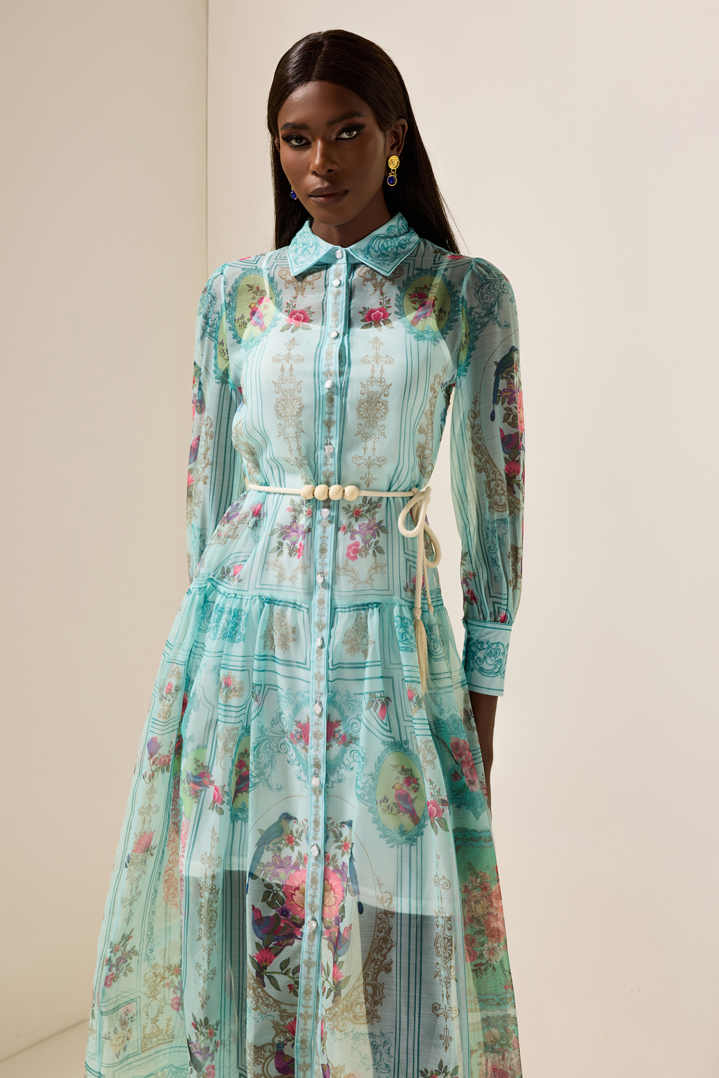 Shirt Collar Floral Lantern Sleeve Midi Dress