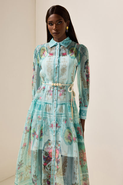 Shirt Collar Floral Lantern Sleeve Midi Dress
