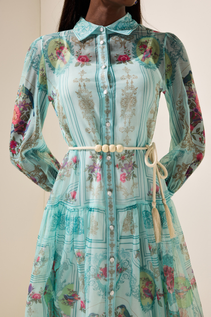 Shirt Collar Floral Lantern Sleeve Midi Dress