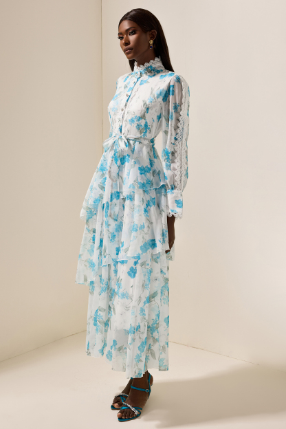 Floral Lantern Sleeve Lace Midi Dress