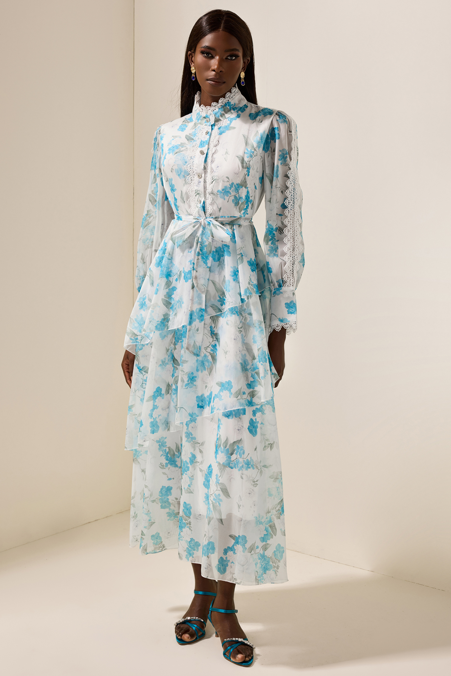 Floral Lantern Sleeve Lace Midi Dress