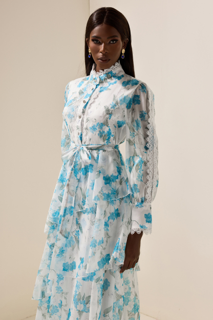 Floral Lantern Sleeve Lace Midi Dress