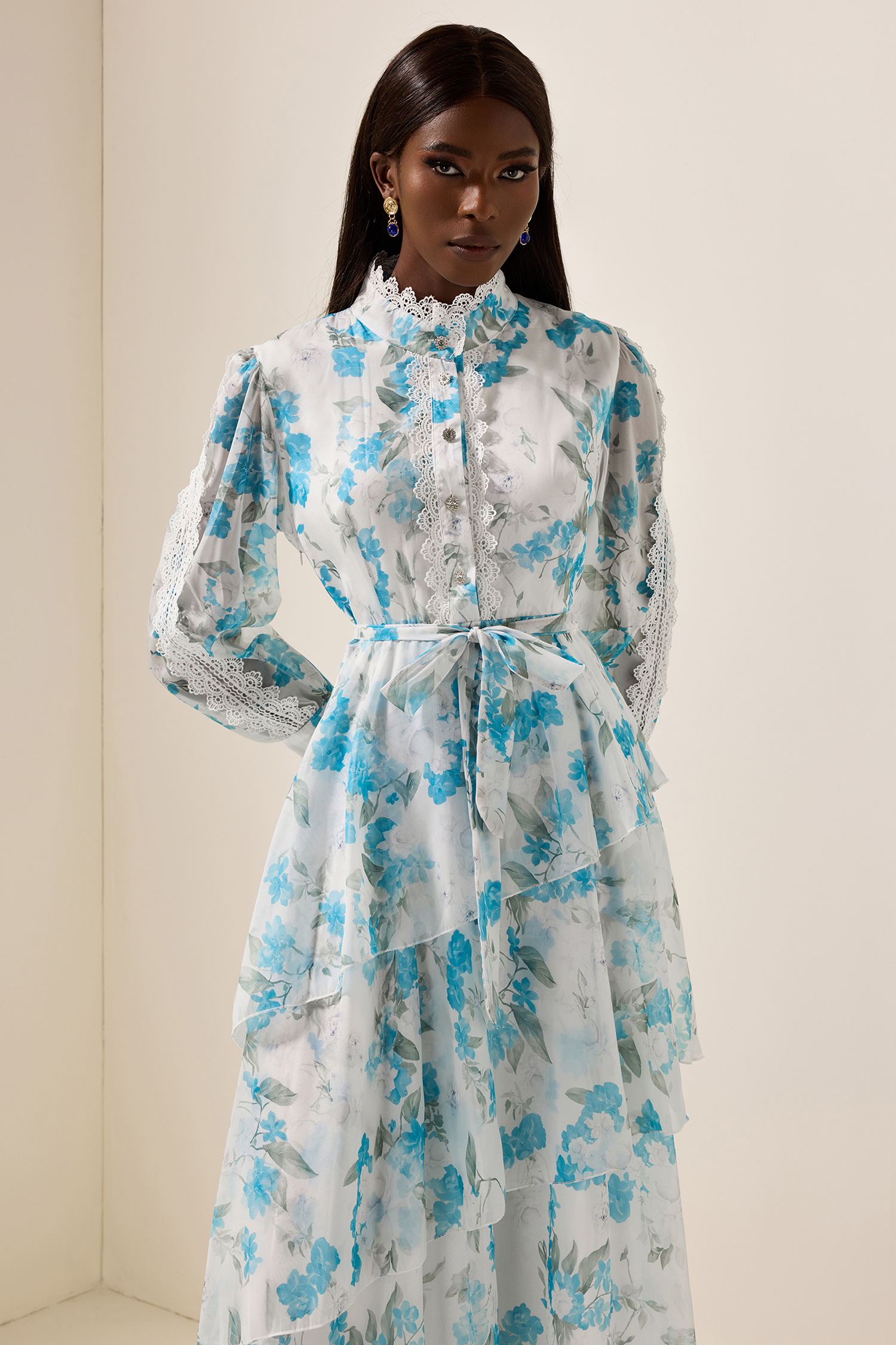 Floral Lantern Sleeve Lace Midi Dress