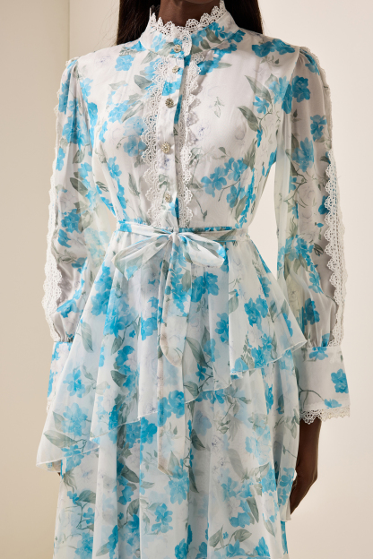 Floral Lantern Sleeve Lace Midi Dress