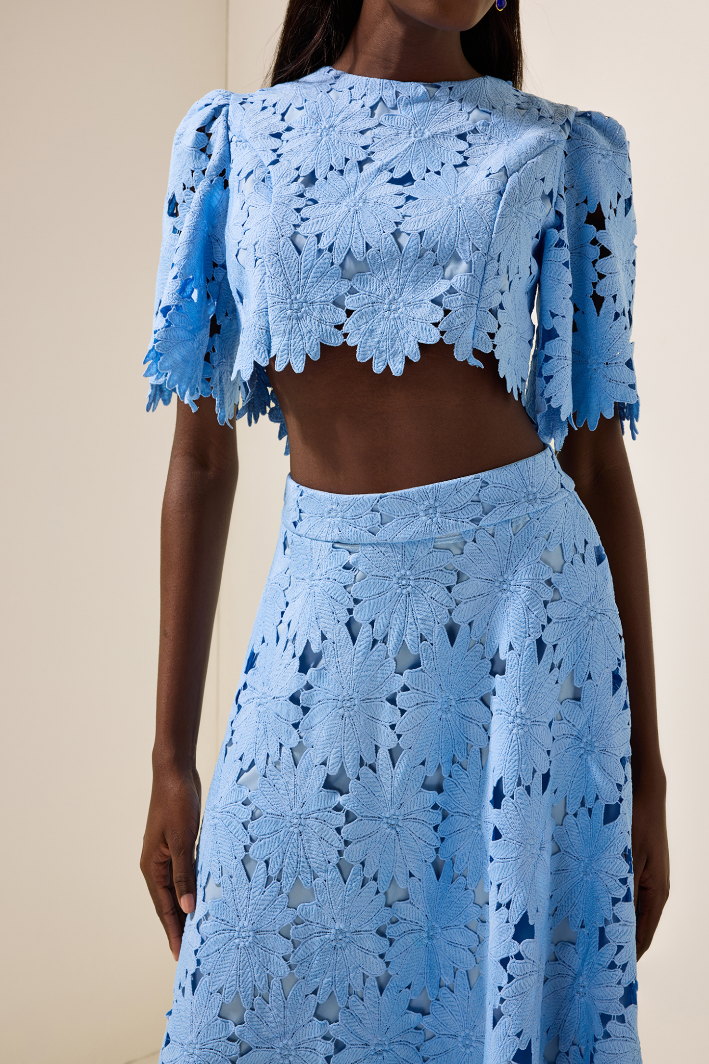 Embroidered Solid Top ＆ Mid Waist Embroidered Skirt Set
