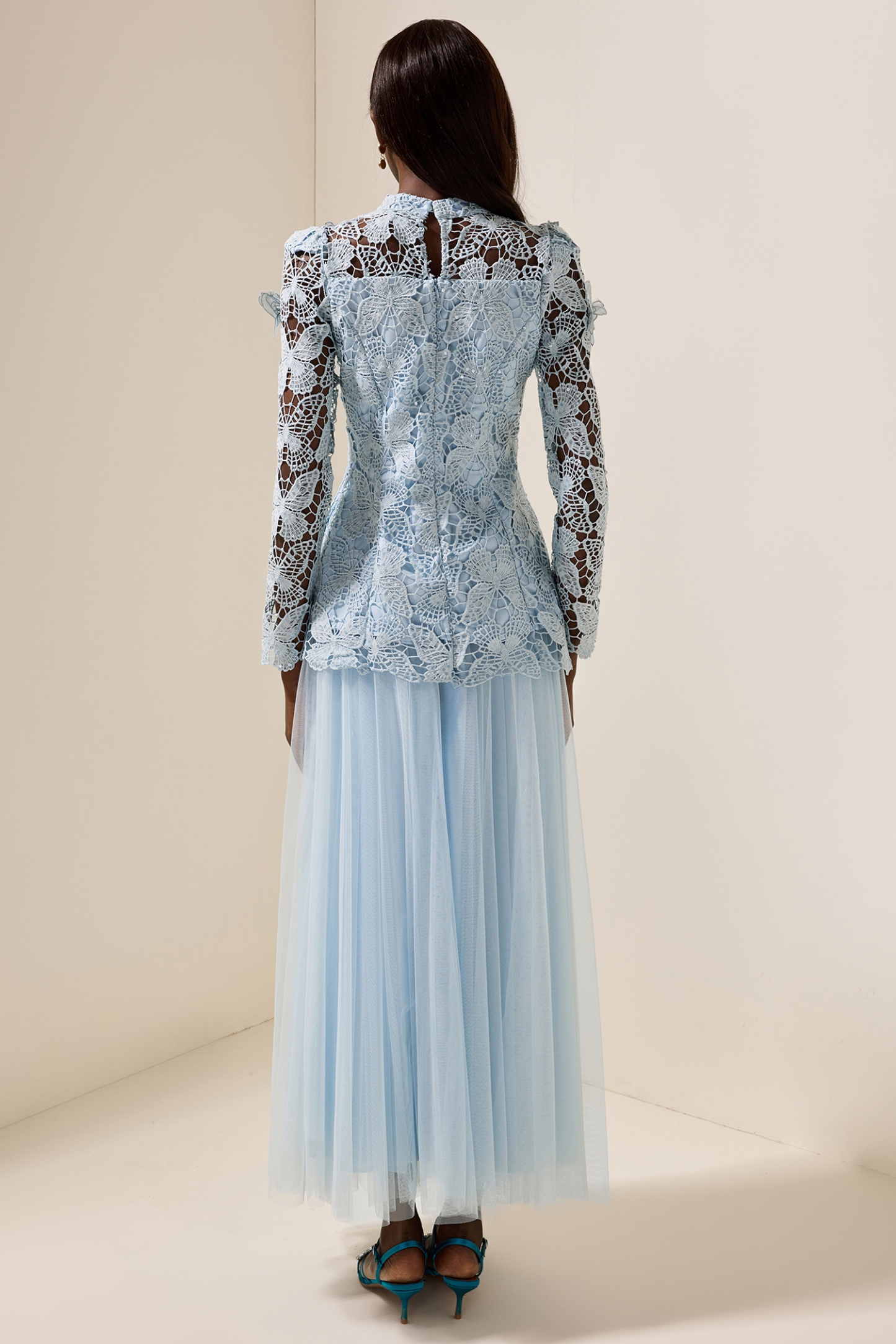 Embroidery Solid Top & Mesh Midi Dress Set