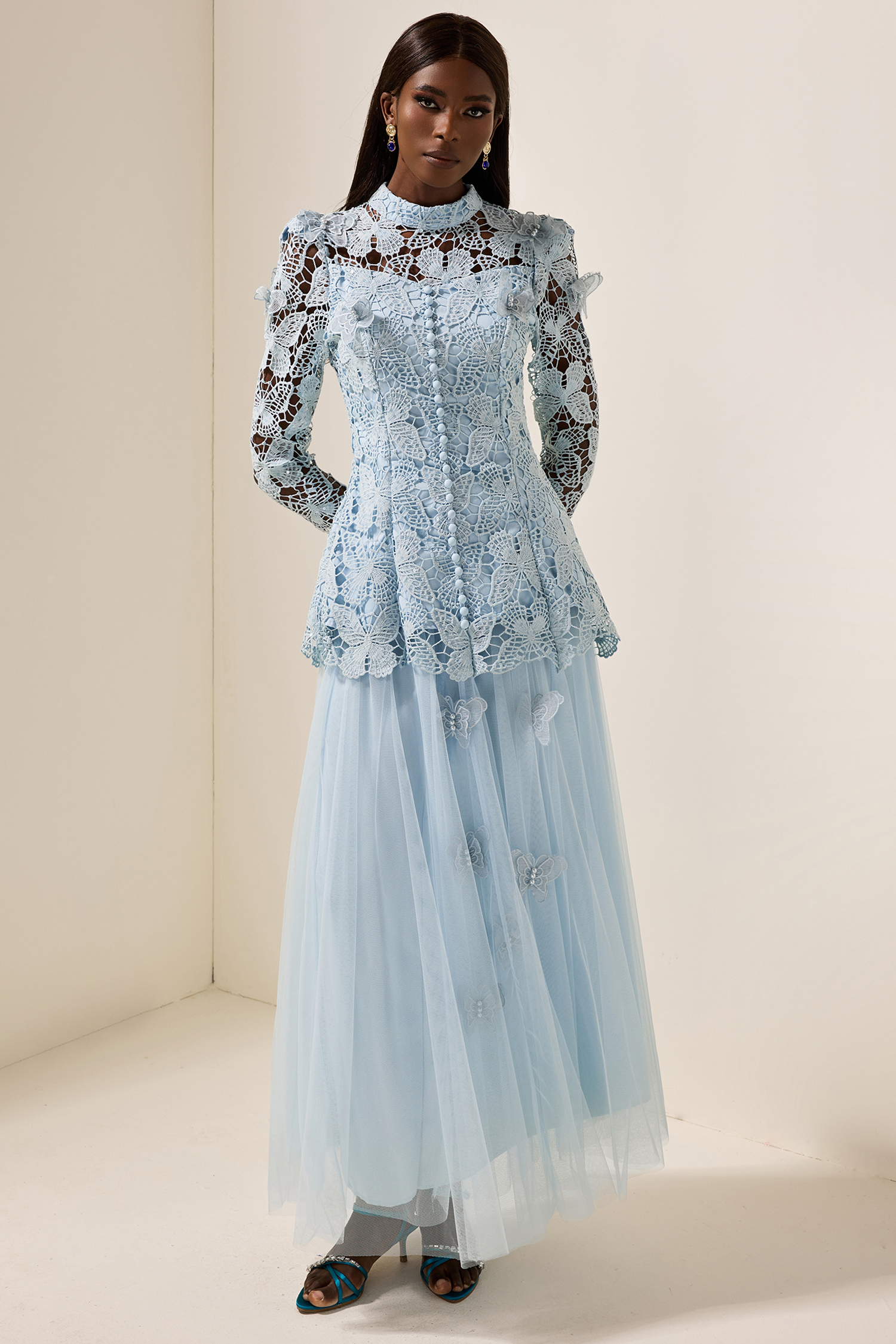 Embroidery Solid Top & Mesh Midi Dress Set