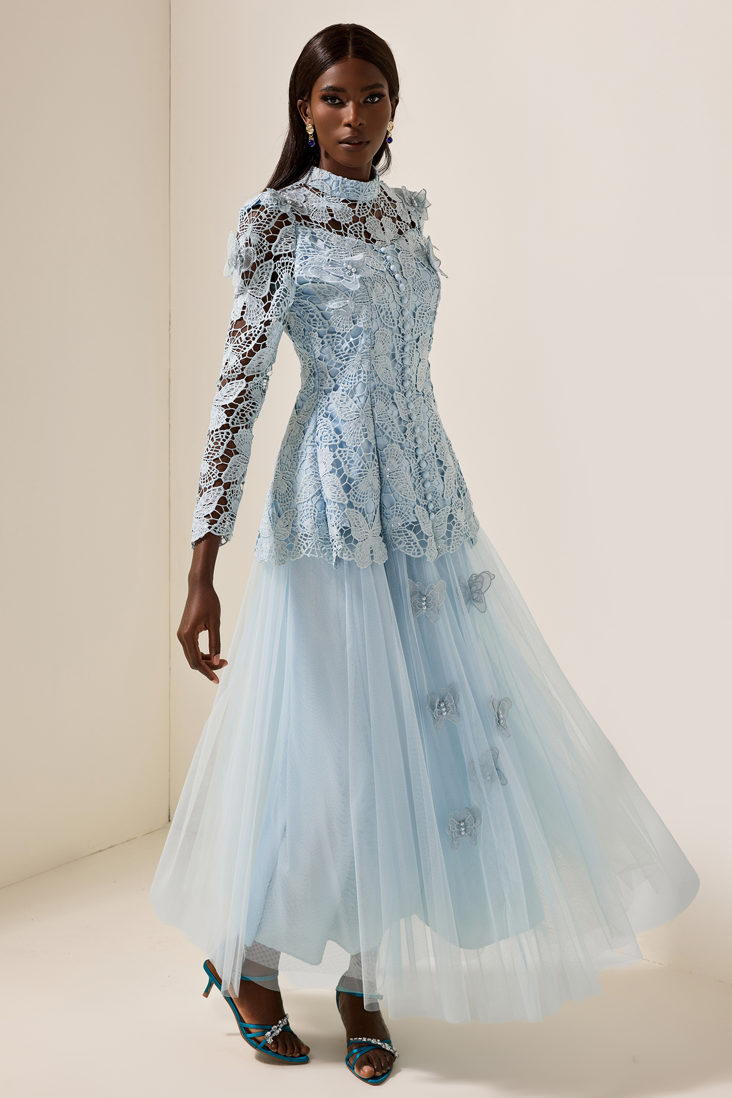 Embroidery Solid Top & Mesh Midi Dress Set