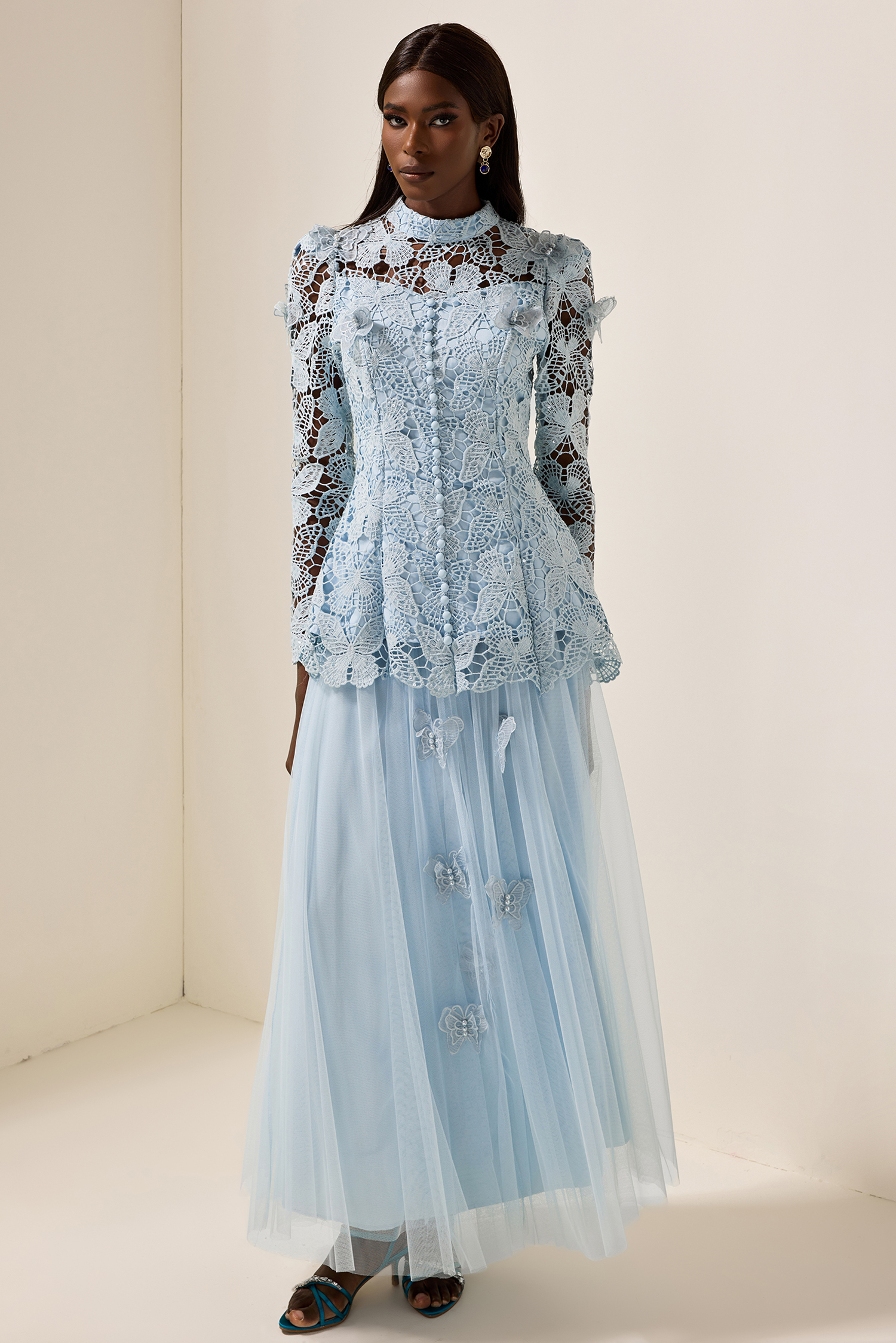 Embroidery Solid Top & Mesh Midi Dress Set