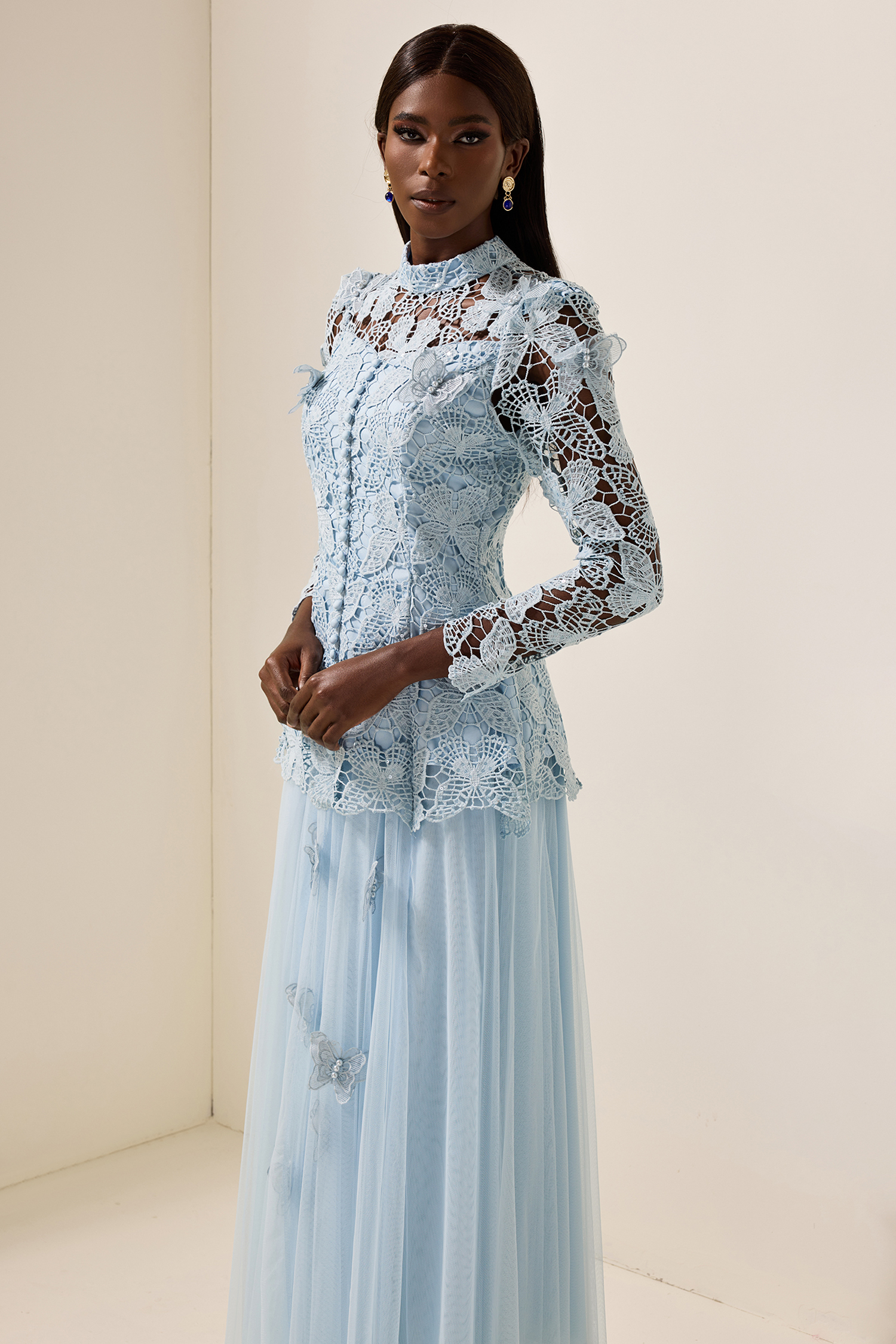 Embroidery Solid Top & Mesh Midi Dress Set