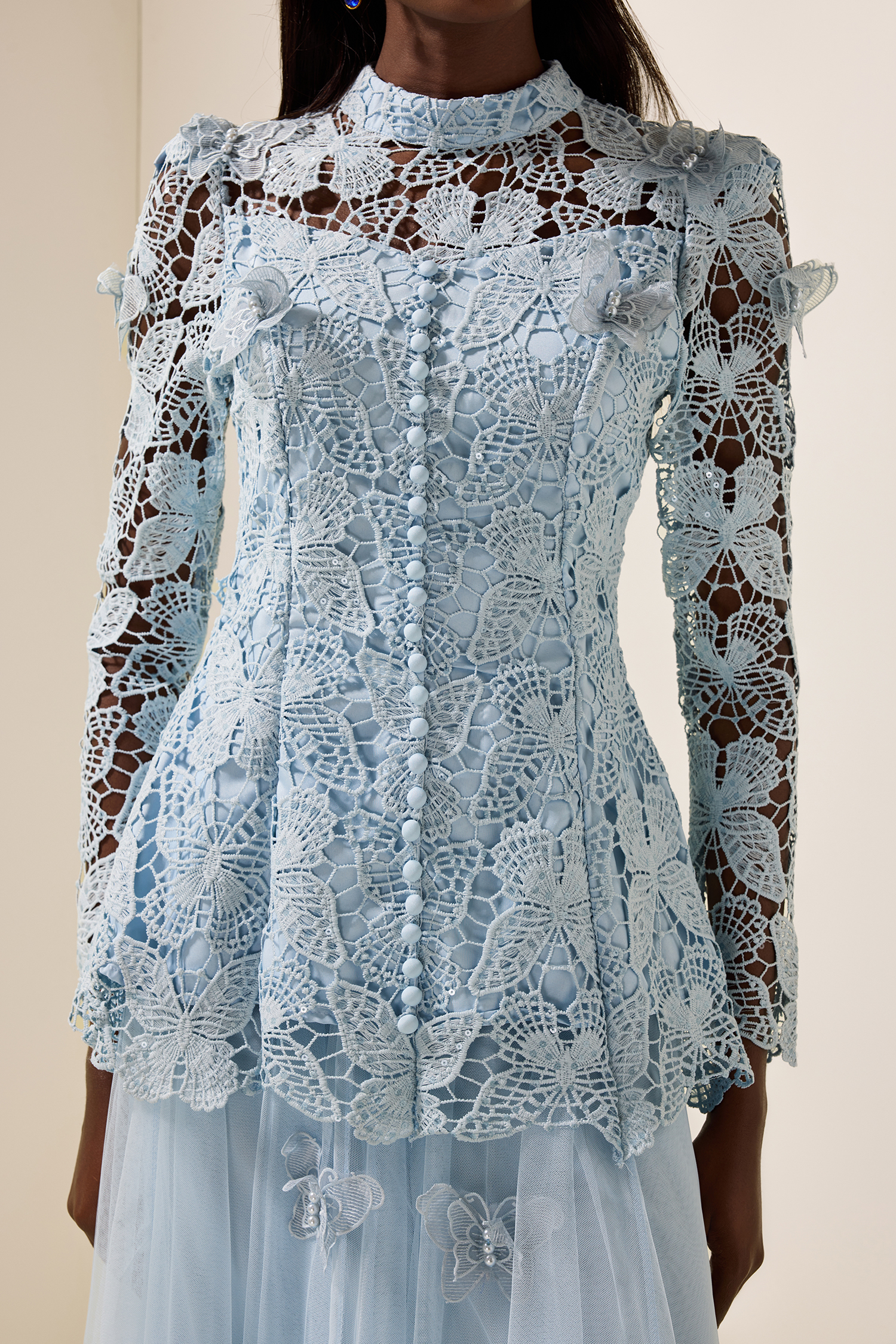 Embroidery Solid Top & Mesh Midi Dress Set