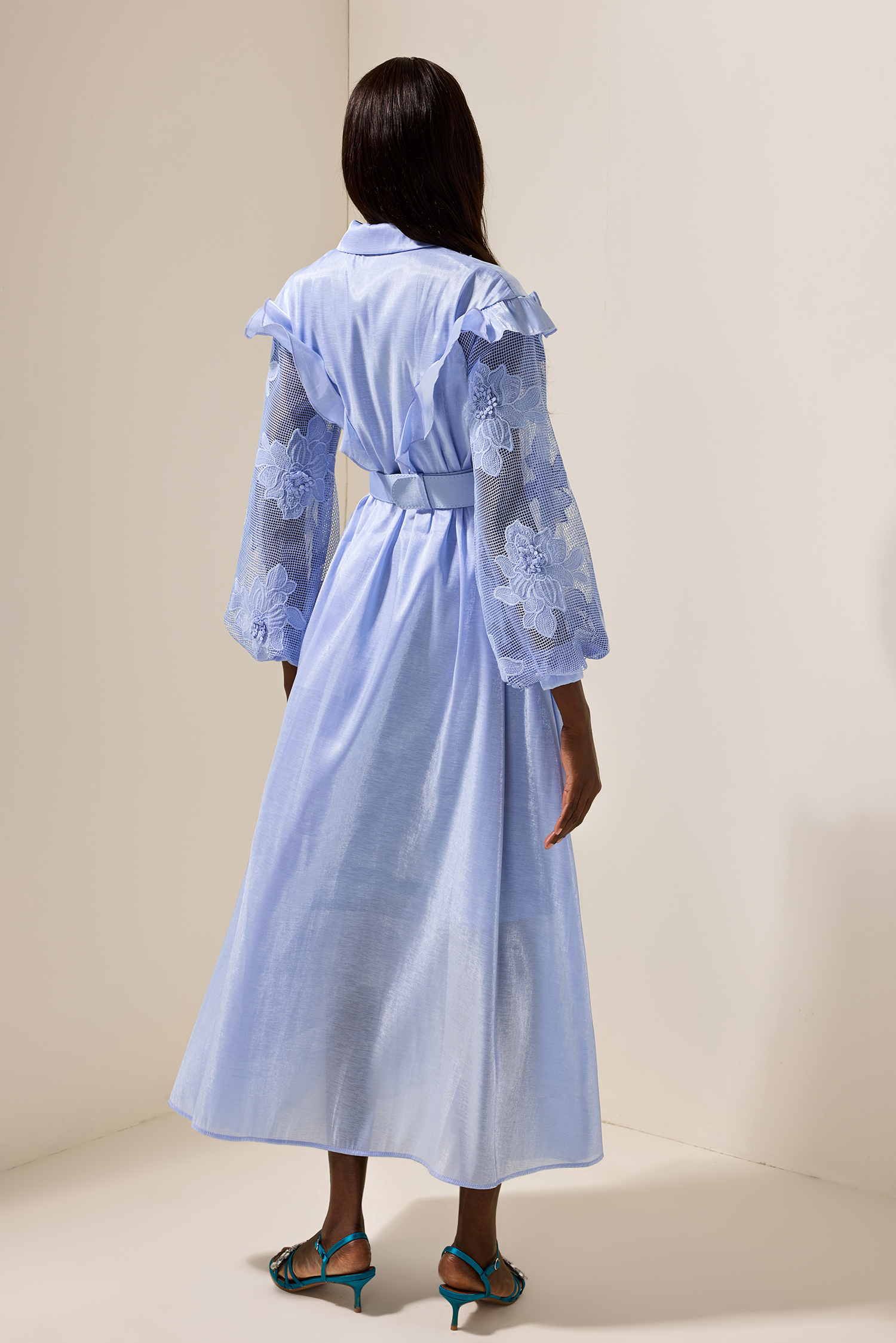 Lace Solid Frill Midi Dress With Belt