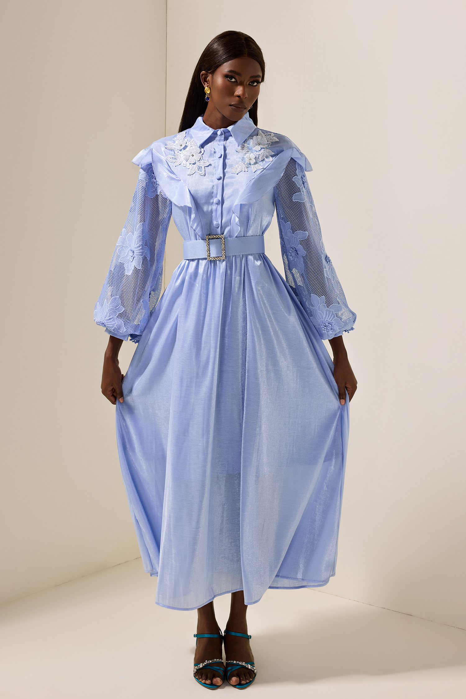 Lace Solid Frill Midi Dress With Belt