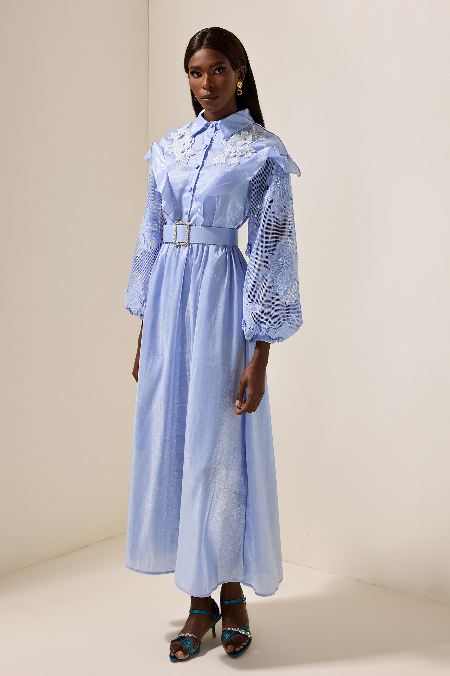 Lace Solid Frill Midi Dress With Belt