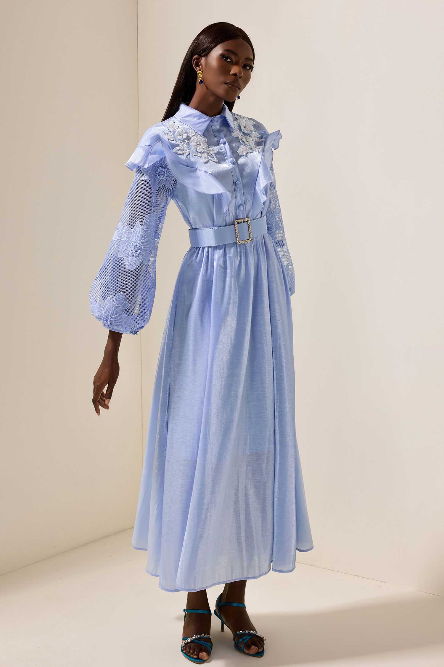 Lace Solid Frill Midi Dress With Belt