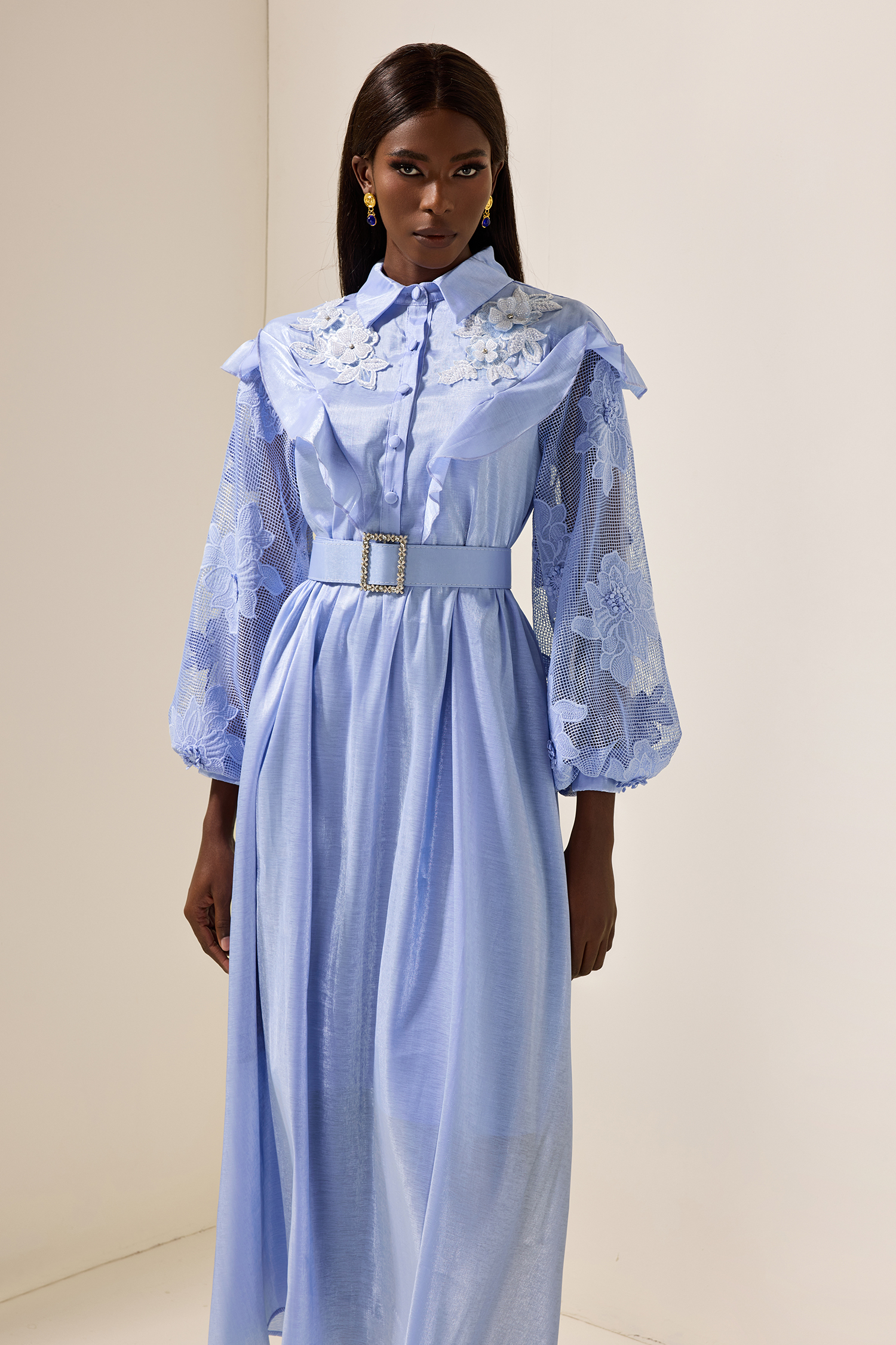 Lace Solid Frill Midi Dress With Belt