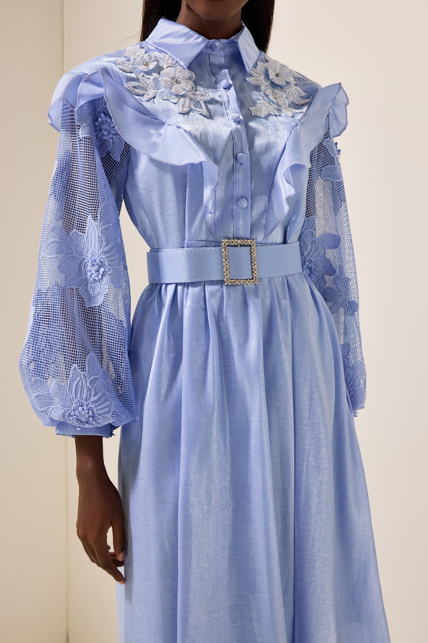 Lace Solid Frill Midi Dress With Belt