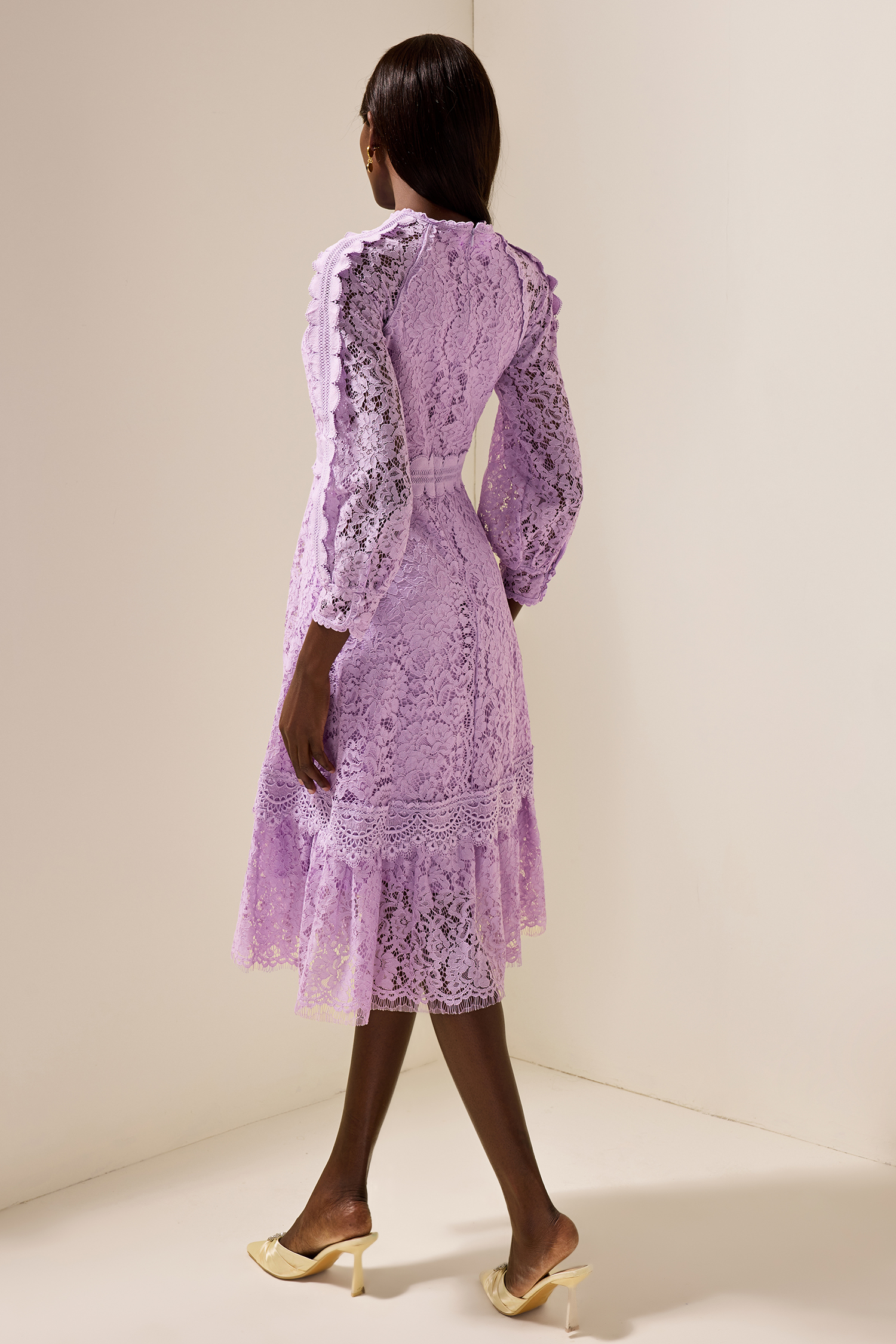 Solid Embroidered Frill Midi Dress