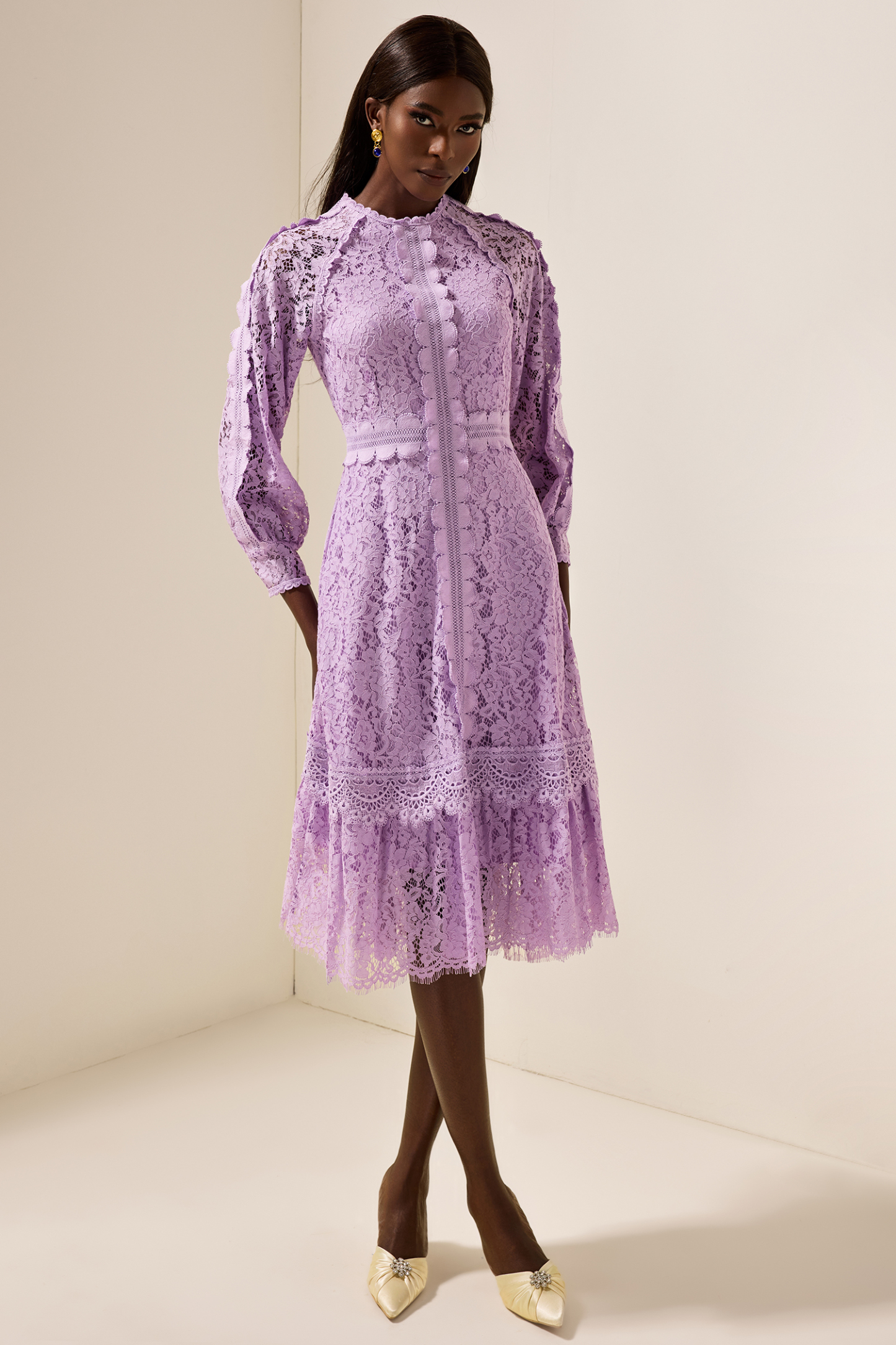 Solid Embroidered Frill Midi Dress