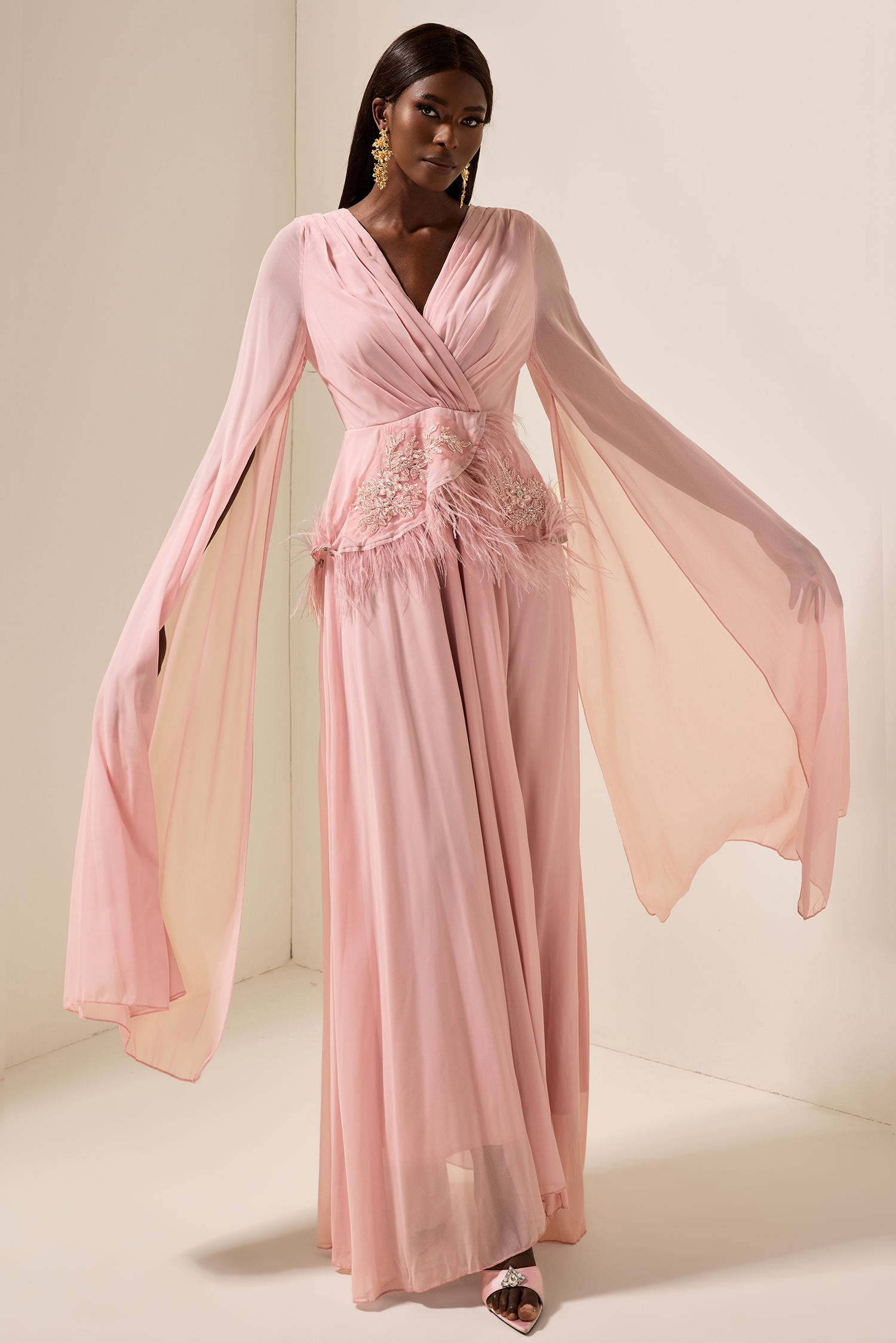 Solid Embroidered Feather Maxi Dress