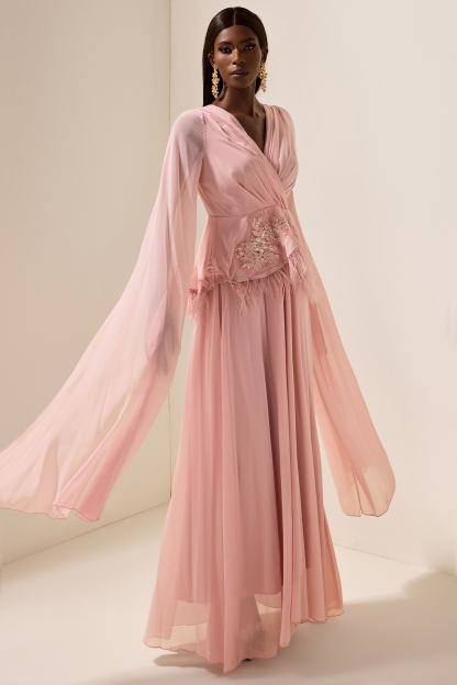 Solid Embroidered Feather Maxi Dress