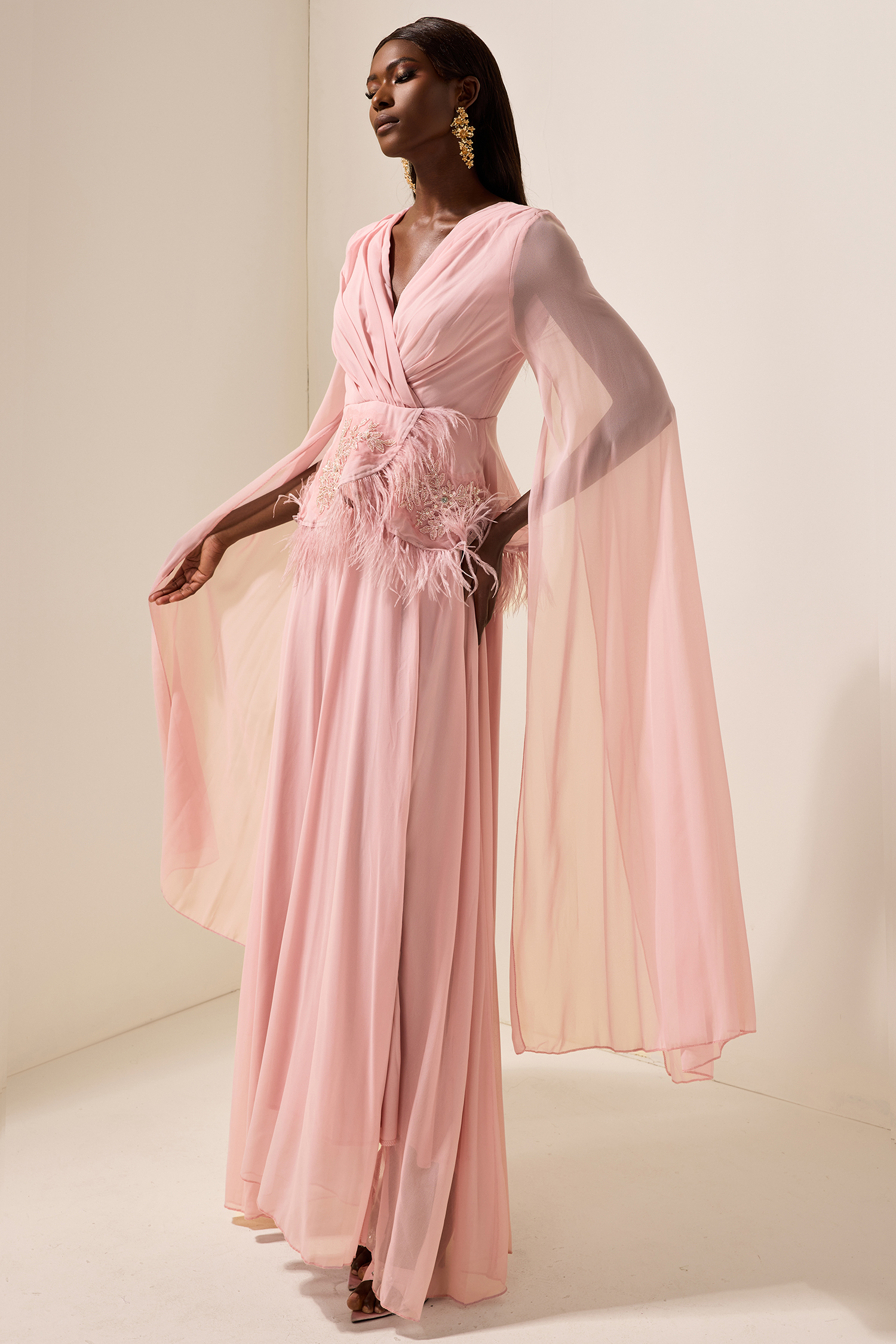 Solid Embroidered Feather Maxi Dress