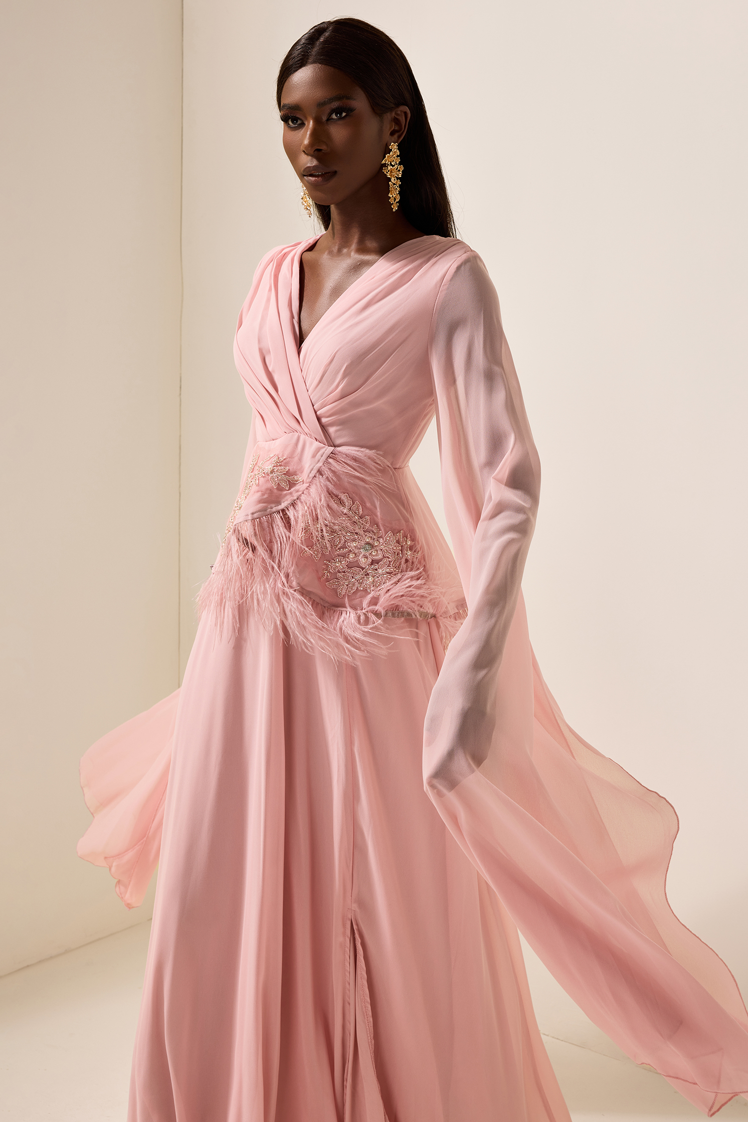 Solid Embroidered Feather Maxi Dress