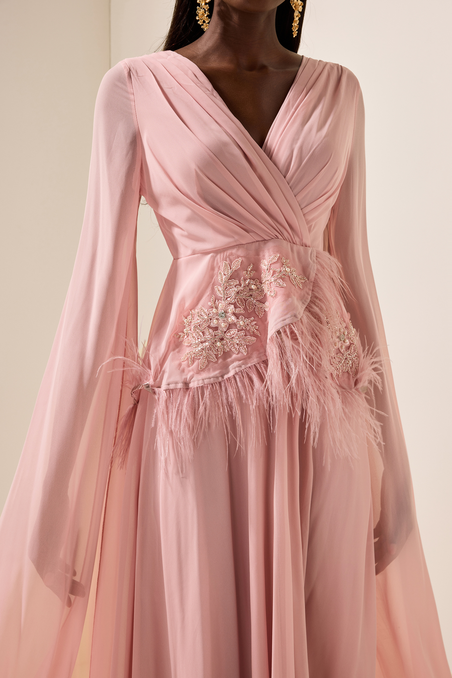 Solid Embroidered Feather Maxi Dress