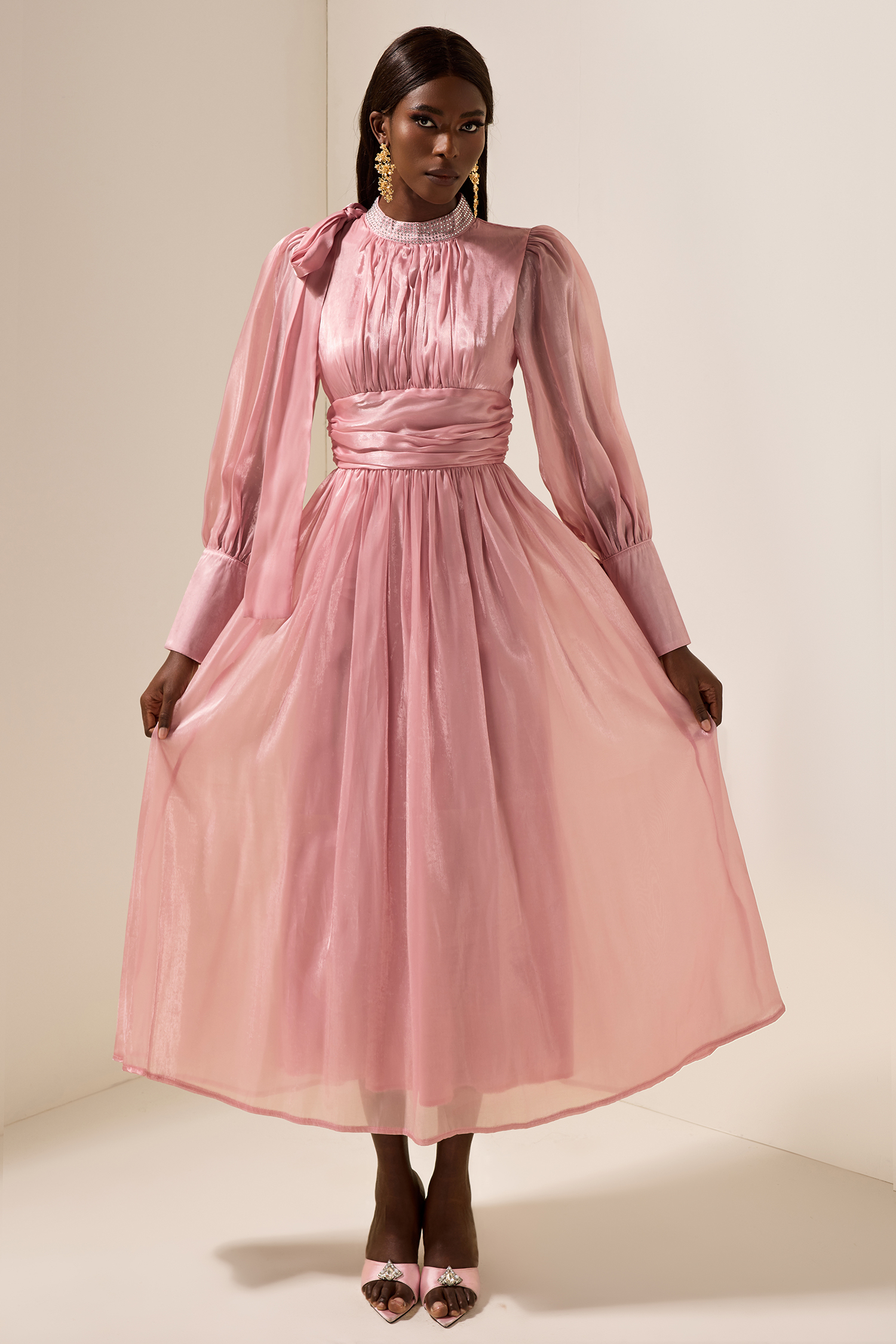 Rhinestone Solid Ruched Midi Dress