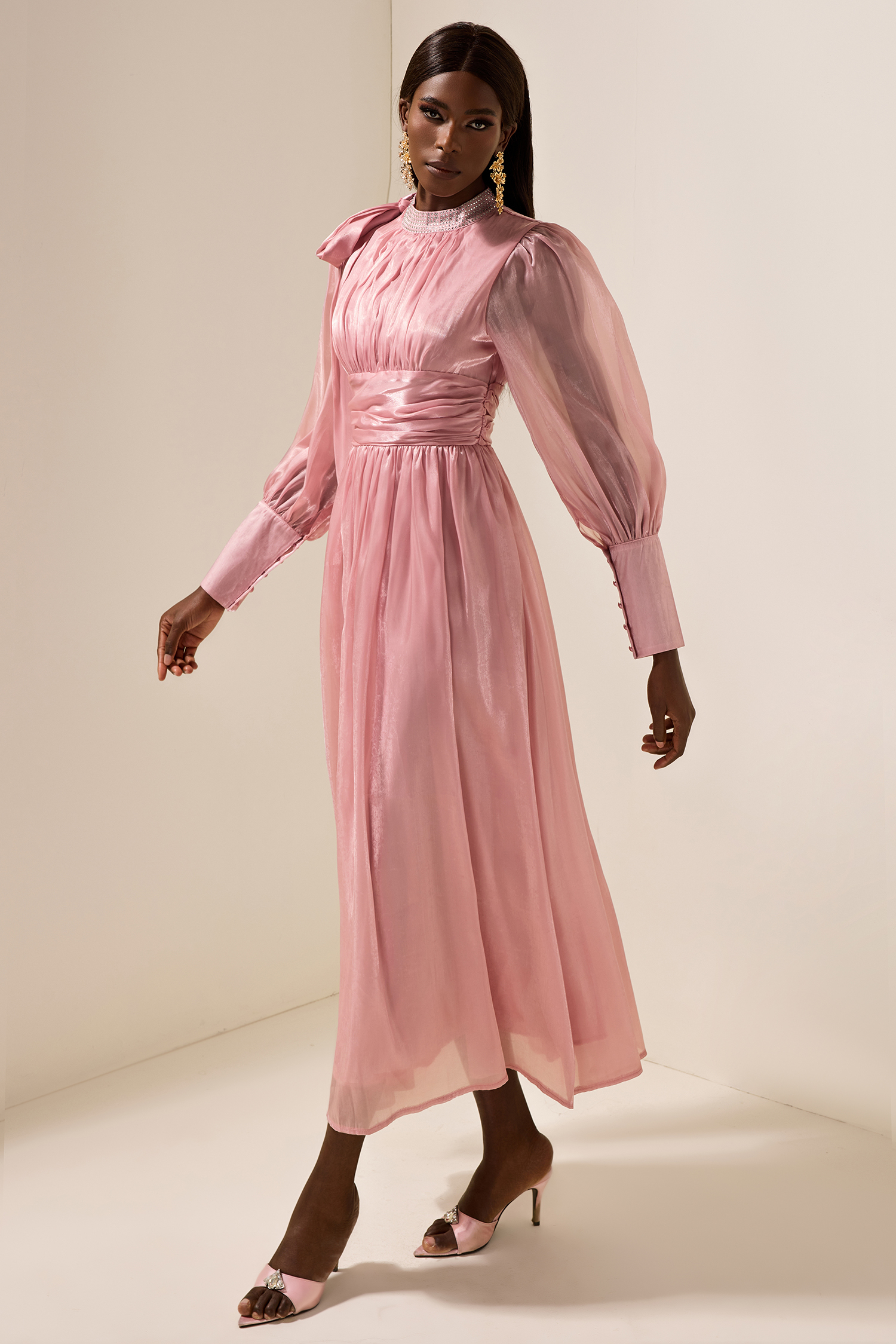 Rhinestone Solid Ruched Midi Dress