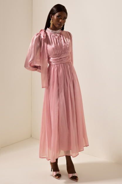 Rhinestone Solid Ruched Midi Dress