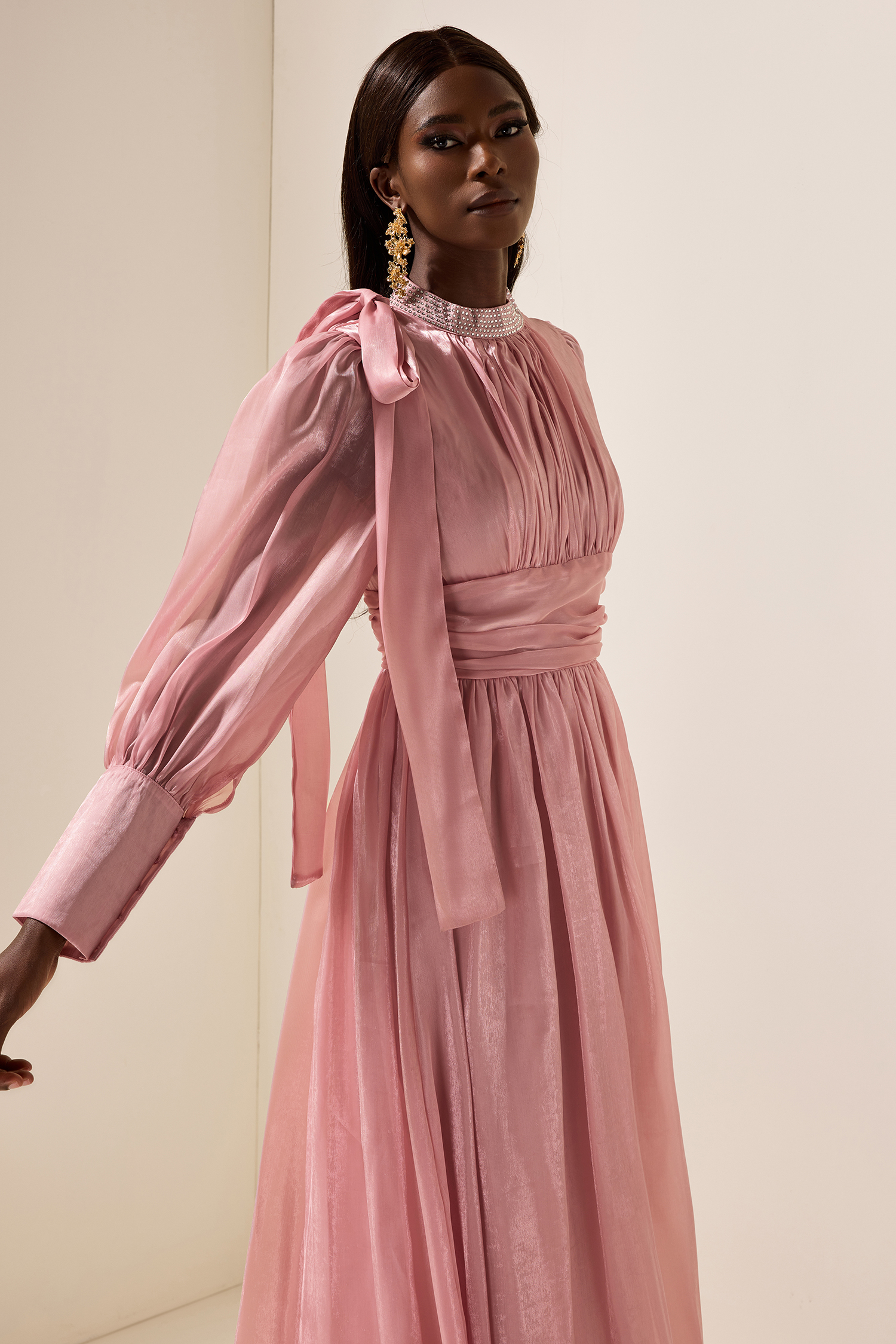 Rhinestone Solid Ruched Midi Dress