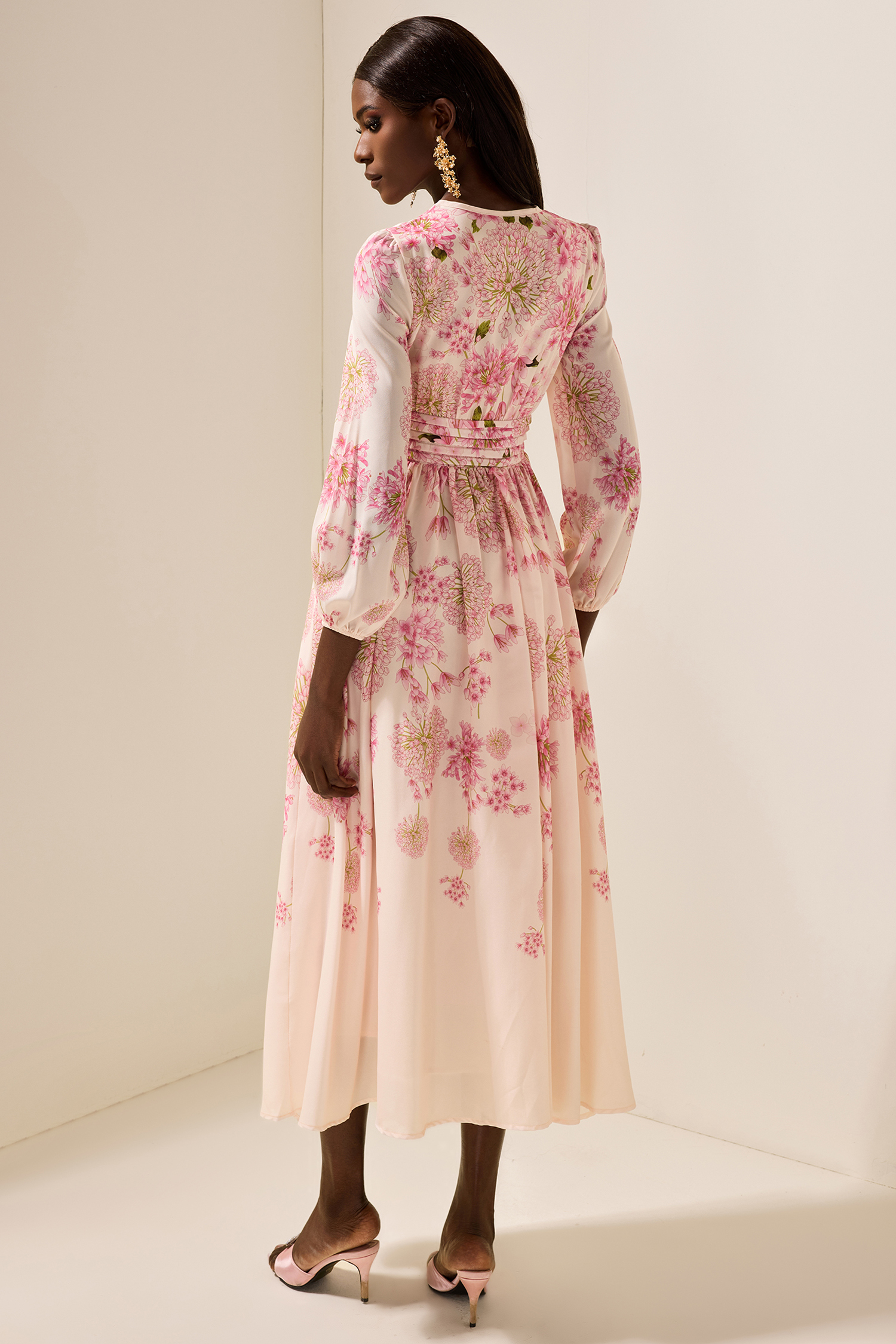 Floral Print Round Neck Puff Sleeve Maxi Dress