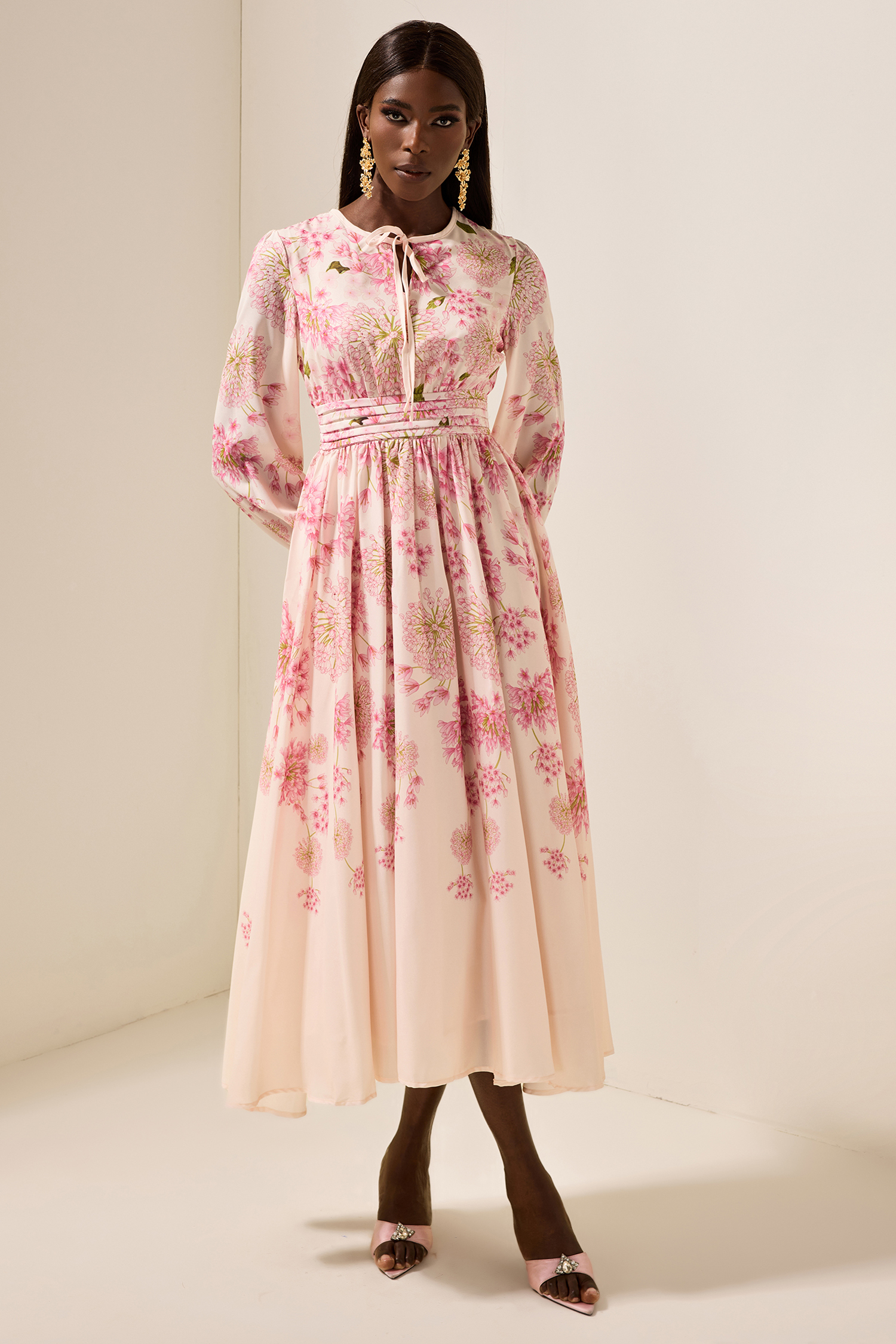 Floral Print Round Neck Puff Sleeve Maxi Dress