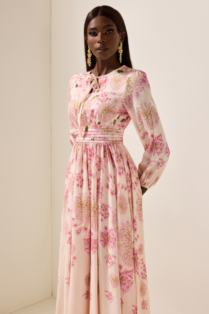 Floral Print Round Neck Puff Sleeve Maxi Dress