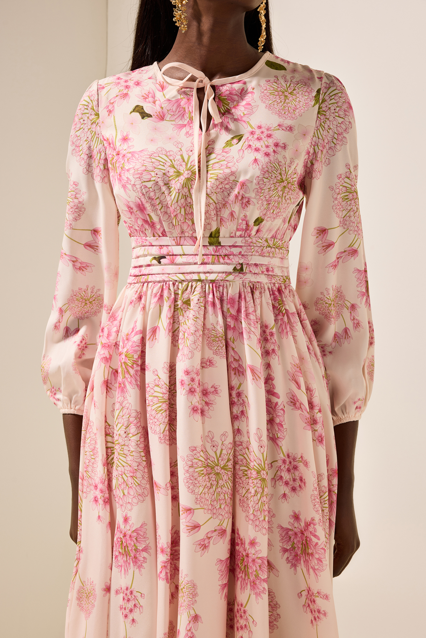 Floral Print Round Neck Puff Sleeve Maxi Dress