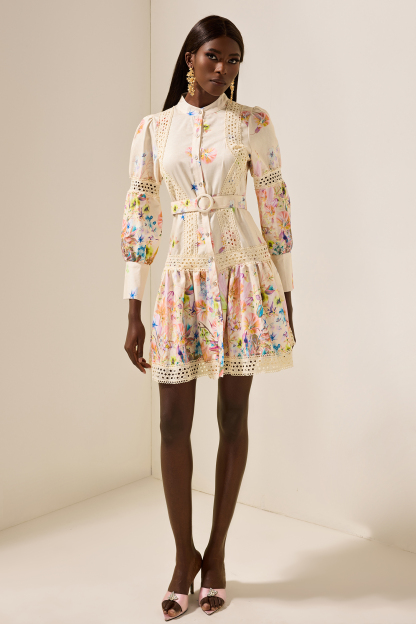 Floral Lace Bottom Mini Dress With Belt